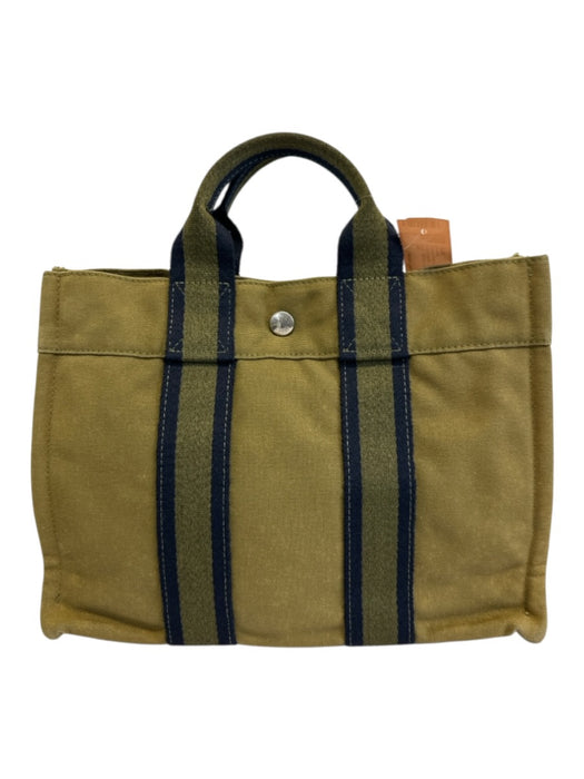 Hermes Olive & Navy Print Canvas Tote Double Strap Vintage Bag Olive & Navy Print / PM