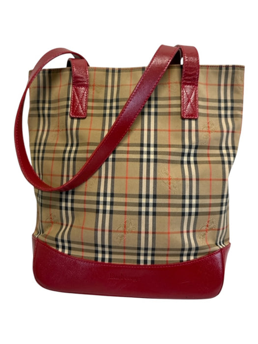Burberry's Beige, Red, Black Canvas & Leather Saffiano Novacheck Two Strap Bag Beige, Red, Black / Small