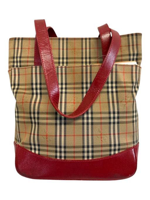 Burberry's Beige, Red, Black Canvas & Leather Saffiano Novacheck Two Strap Bag Beige, Red, Black / Small