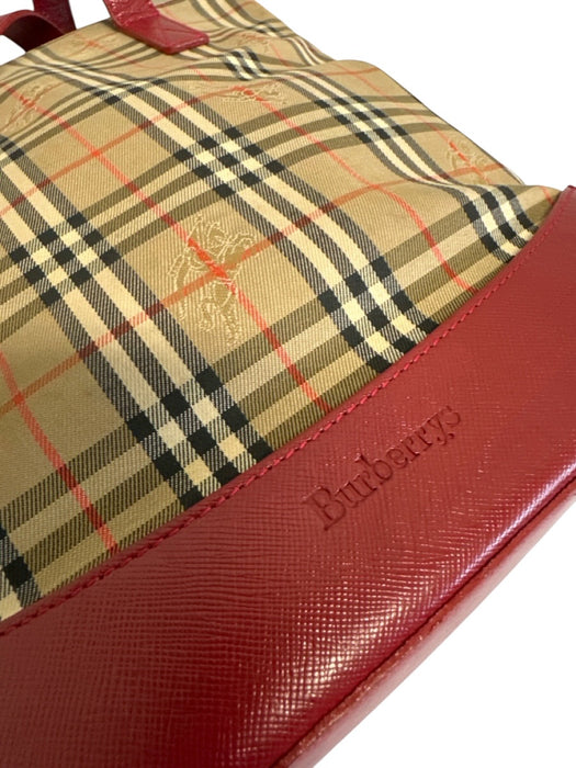 Burberry's Beige, Red, Black Canvas & Leather Saffiano Novacheck Two Strap Bag Beige, Red, Black / Small