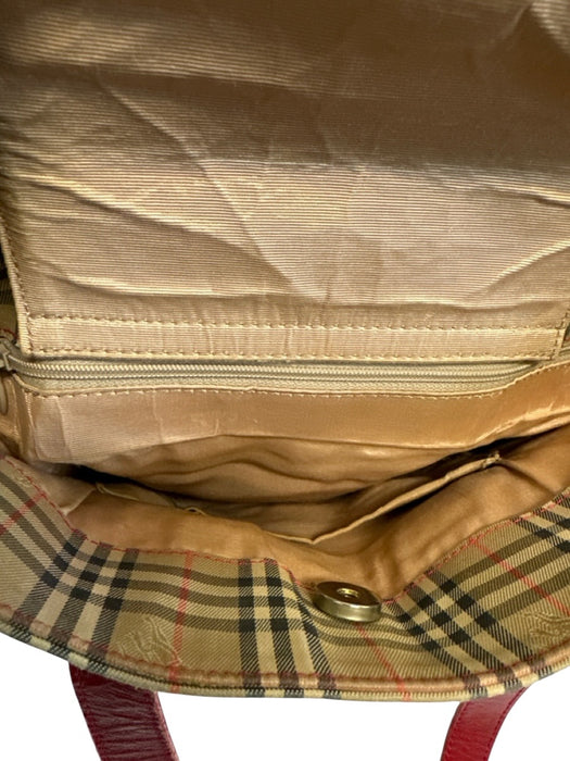 Burberry's Beige, Red, Black Canvas & Leather Saffiano Novacheck Two Strap Bag Beige, Red, Black / Small