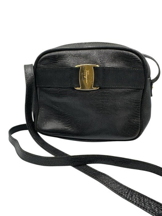 Salvatore Ferragamo Black Leather Gold hardware Bow Zip Top Crossbody Bag Black / Small
