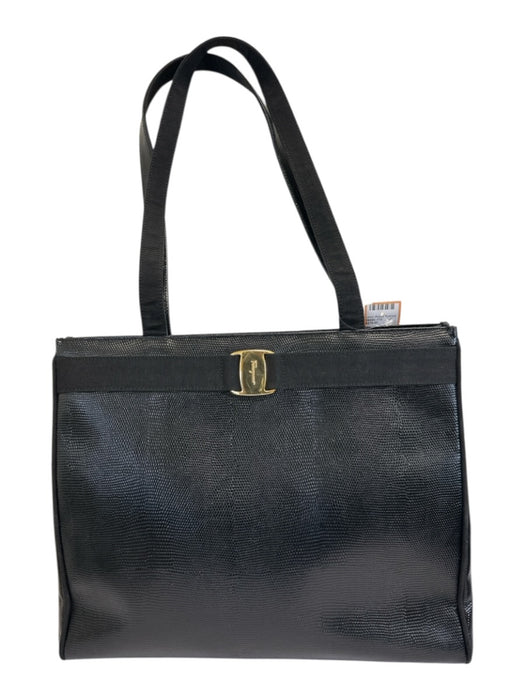 Salvatore Ferragamo Black Leather Embossed Gold Hardware Shoulder Tote Bag Bag Black / L