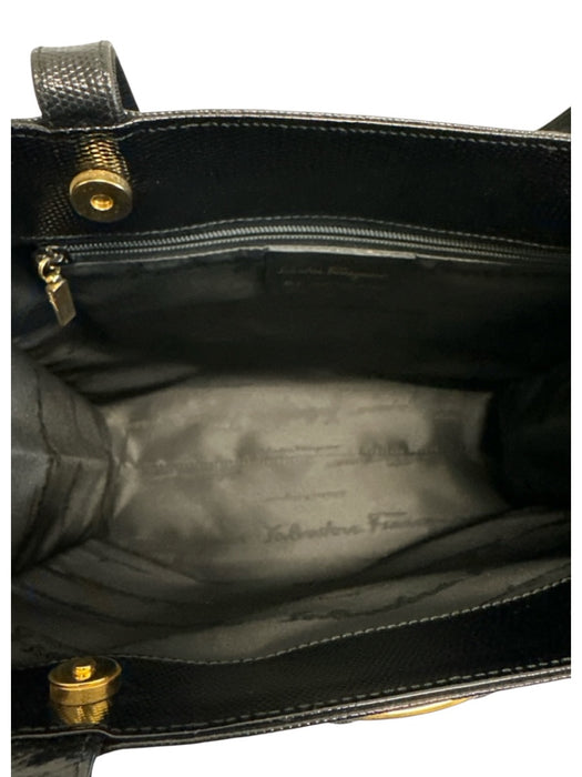 Salvatore Ferragamo Black Leather Embossed Gold Hardware Shoulder Tote Bag Bag Black / L