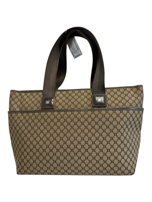 Celine Brown & Dark Brown Canvas & Leather Monogram Front Pocket Open Top Bag Brown & Dark Brown / M