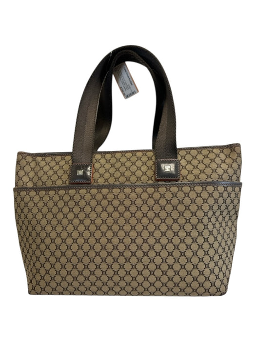 Celine Brown & Dark Brown Canvas & Leather Monogram Front Pocket Open Top Bag Brown & Dark Brown / M