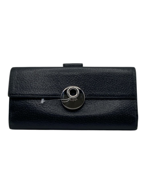 Gucci Black Leather Silver Hardware Circular cut-out pattern Flap Wallets Black