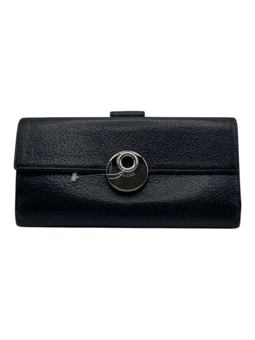 Gucci Black Leather Silver Hardware Circular cut-out pattern Flap Wallets Black
