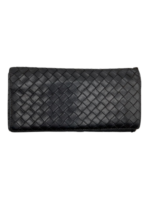Bottega Veneta Dark Brown Leather Intrecciato Weave Bi- Fold Slim Long Wallets Dark Brown