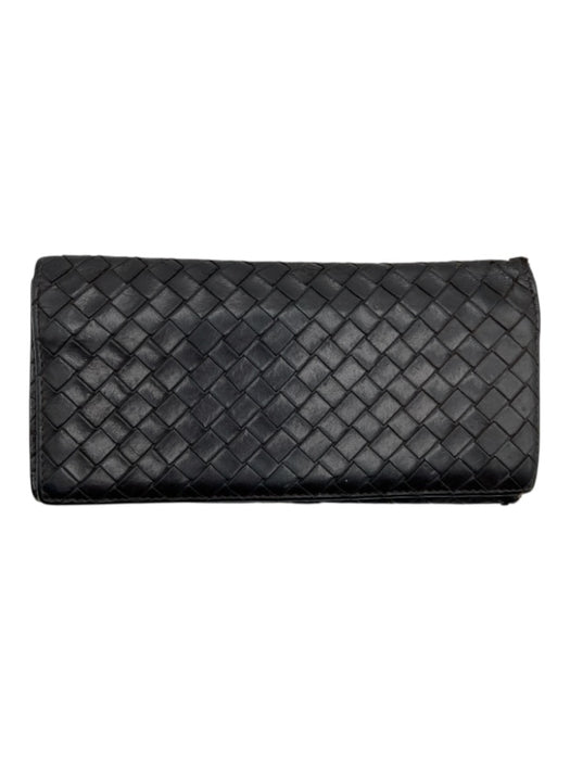 Bottega Veneta Dark Brown Leather Intrecciato Weave Bi- Fold Slim Long Wallets Dark Brown
