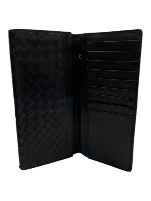 Bottega Veneta Dark Brown Leather Intrecciato Weave Bi- Fold Slim Long Wallets Dark Brown