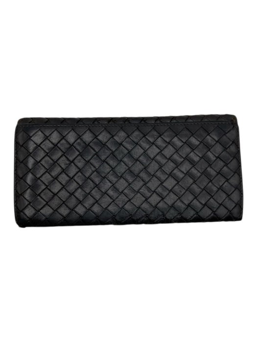 Bottega Veneta Dark Brown Leather Intrecciato Weave Bi- Fold Slim Long Wallets Dark Brown