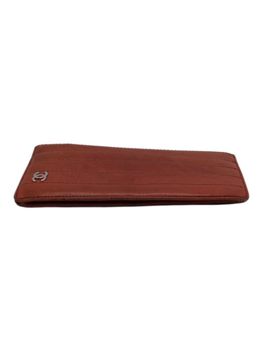 Chanel Red Orange Lamb leather Stitched Stripes Bi- Fold Slim No Clasp Wallets Red Orange