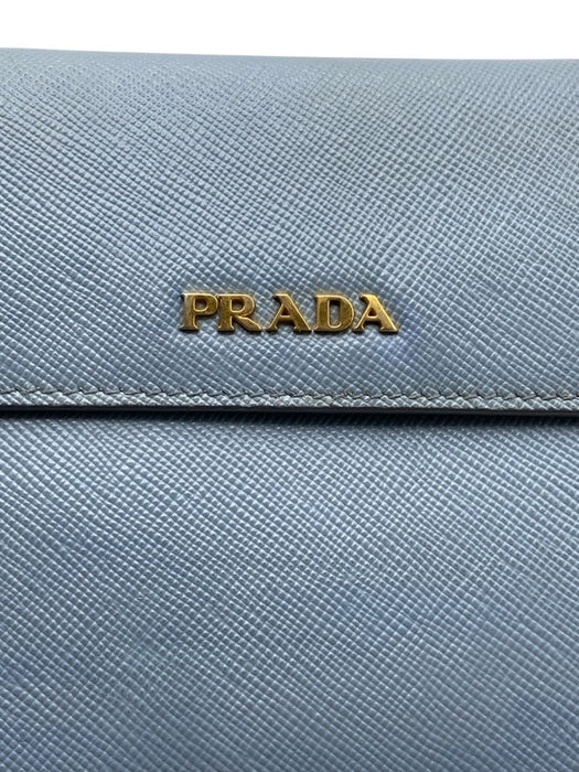 Prada Light Blue Leather Coated Logo GHW Long Wallet Wallets Light Blue