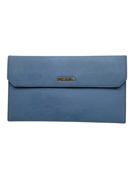 Prada Light Blue Leather Coated Logo GHW Long Wallet Wallets Light Blue