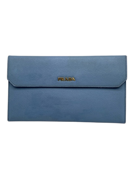 Prada Light Blue Leather Coated Logo GHW Long Wallet Wallets Light Blue
