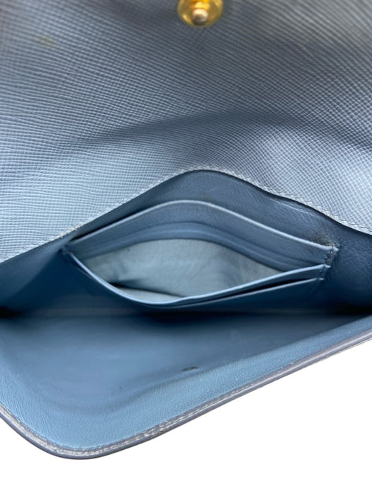 Prada Light Blue Leather Coated Logo GHW Long Wallet Wallets Light Blue