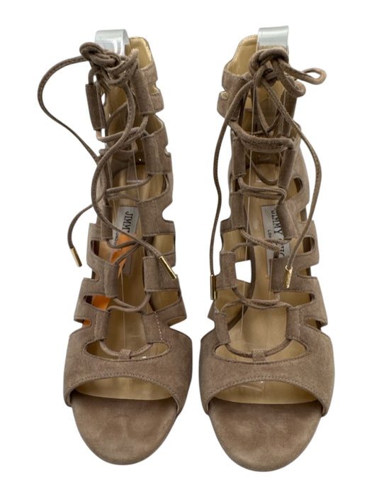 Jimmy Choo Shoe Size 37.5 Taupe Beige Suede Lace Up Heel Peep Toe Sandals Taupe Beige / 37.5