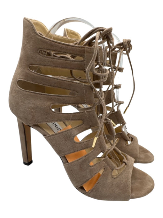 Jimmy Choo Shoe Size 37.5 Taupe Beige Suede Lace Up Heel Peep Toe Sandals Taupe Beige / 37.5