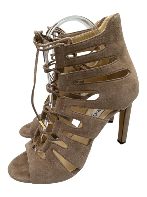 Jimmy Choo Shoe Size 37.5 Taupe Beige Suede Lace Up Heel Peep Toe Sandals Taupe Beige / 37.5