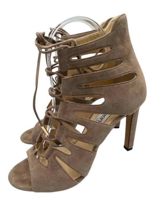 Jimmy Choo Shoe Size 37.5 Taupe Beige Suede Lace Up Heel Peep Toe Sandals Taupe Beige / 37.5