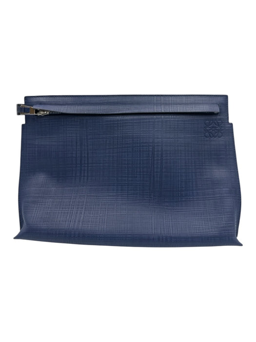 Loewe Navy Coated Leather Zipper Logo Pouch Clutch Navy