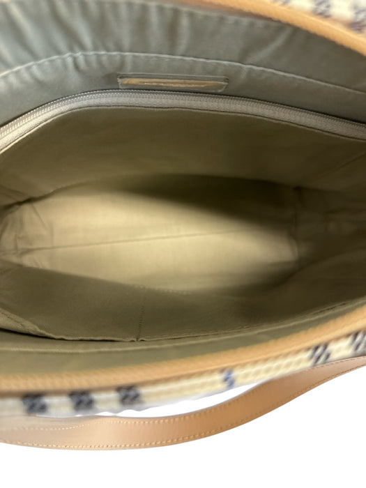 Burberry Cream & Blue Canvas Tan Strap Leather Strap Tote Zipper Bag Cream & Blue / Small