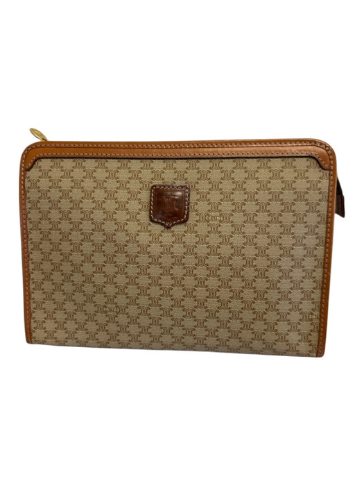 Celine Beige & Tan Print Canvas Leather trim Monogram Pouch Clutch Bag Beige & Tan Print / Small