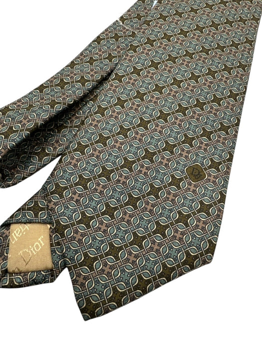 Christian Dior Vintage Teal & Brown Print Silk Geometric Tie Teal & Brown Print