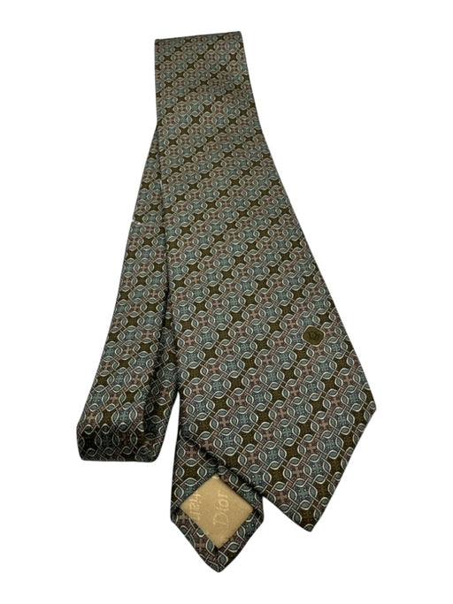 Christian Dior Vintage Teal & Brown Print Silk Geometric Tie Teal & Brown Print