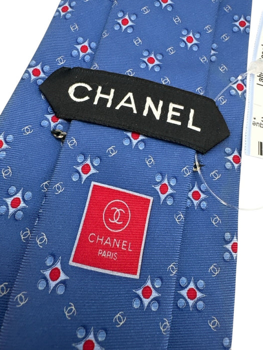 Chanel AS IS - Stained Blue & Red Print Silk Monogram Tie Blue & Red Print