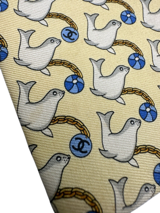 Chanel AS IS - Stained Yellow & Blue Print Silk Seals Tie Yellow & Blue Print