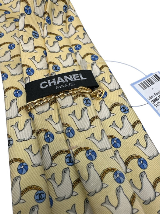 Chanel AS IS - Stained Yellow & Blue Print Silk Seals Tie Yellow & Blue Print