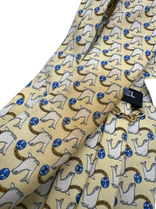 Chanel AS IS - Stained Yellow & Blue Print Silk Seals Tie Yellow & Blue Print