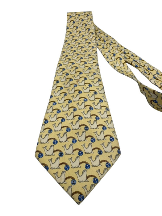 Chanel AS IS - Stained Yellow & Blue Print Silk Seals Tie Yellow & Blue Print