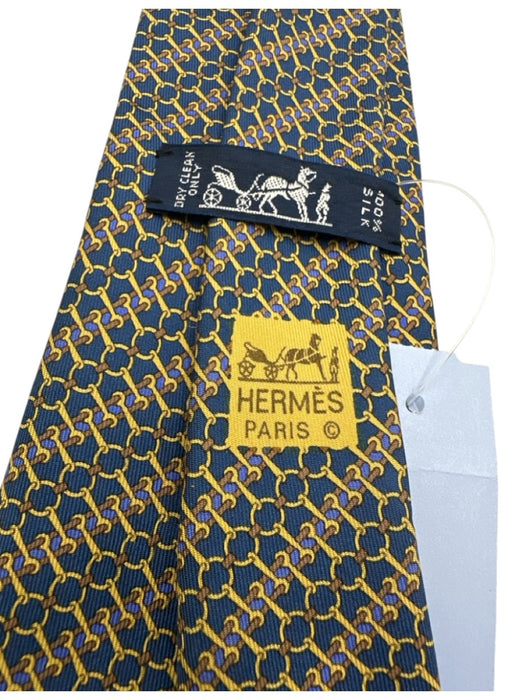 Hermes Vintage Navy & Yellow Silk Abstract Horse Bit Tie Navy & Yellow