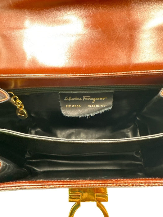 Ferragamo Brown Lizard Leather Gold Hardware Top Handle Crossbody Strap Bag Brown / Small