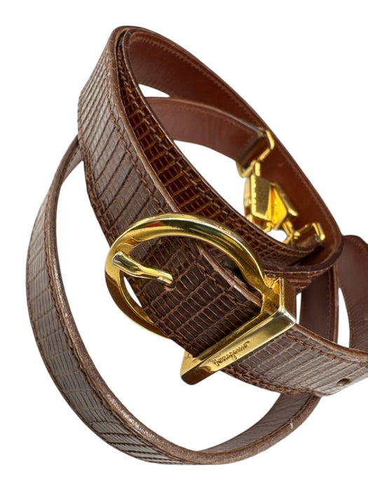 Ferragamo Brown Lizard Leather Gold Hardware Top Handle Crossbody Strap Bag Brown / Small