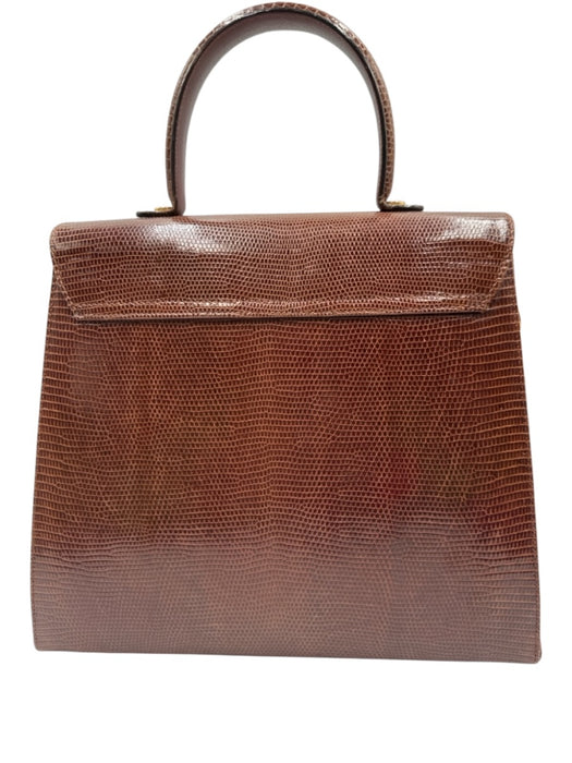 Ferragamo Brown Lizard Leather Gold Hardware Top Handle Crossbody Strap Bag Brown / Small