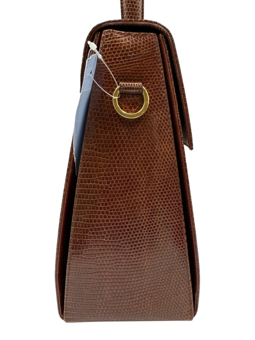 Ferragamo Brown Lizard Leather Gold Hardware Top Handle Crossbody Strap Bag Brown / Small