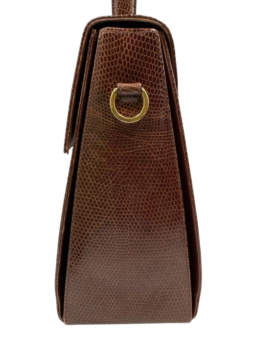 Ferragamo Brown Lizard Leather Gold Hardware Top Handle Crossbody Strap Bag Brown / Small
