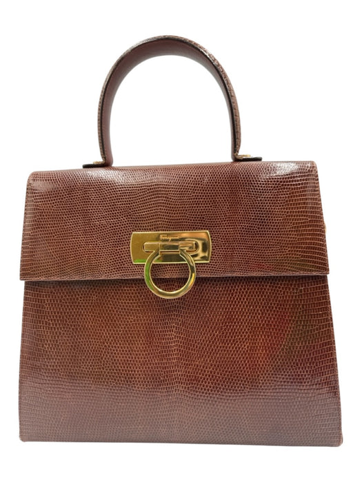 Ferragamo Brown Lizard Leather Gold Hardware Top Handle Crossbody Strap Bag Brown / Small