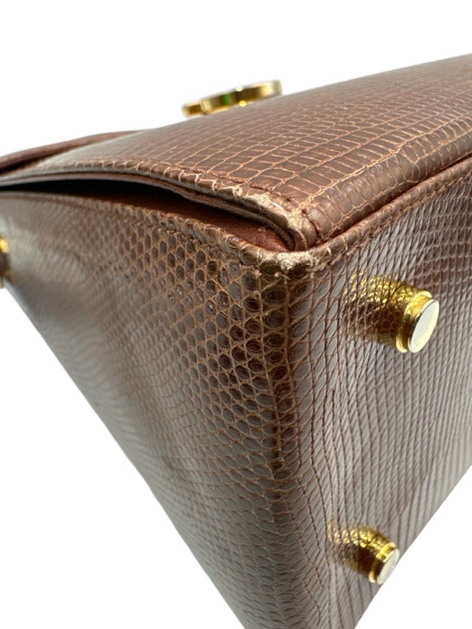 Ferragamo Brown Lizard Leather Gold Hardware Top Handle Crossbody Strap Bag Brown / Small
