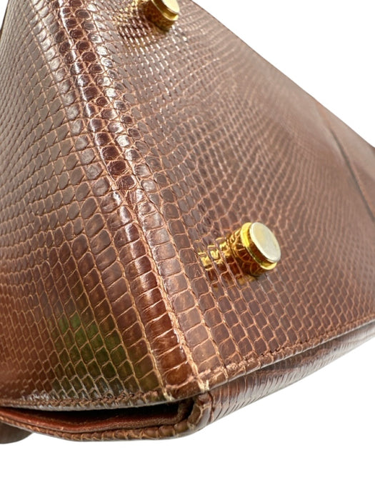 Ferragamo Brown Lizard Leather Gold Hardware Top Handle Crossbody Strap Bag Brown / Small
