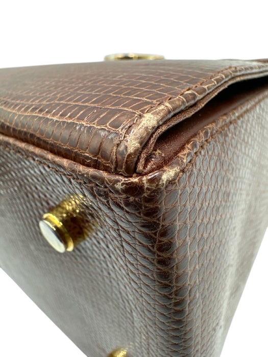 Ferragamo Brown Lizard Leather Gold Hardware Top Handle Crossbody Strap Bag Brown / Small