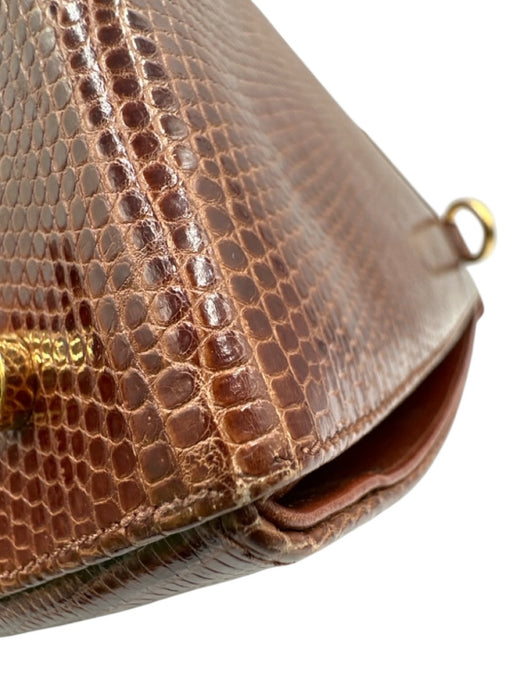 Ferragamo Brown Lizard Leather Gold Hardware Top Handle Crossbody Strap Bag Brown / Small
