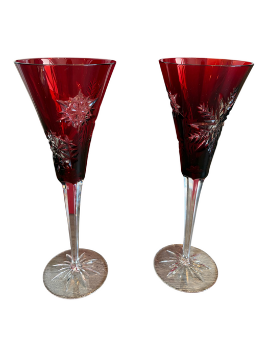 Waterford Red & Clear Crystal Snow Flake Champagne Set Of 2 Glasses Red & Clear
