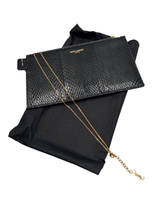 Saint Laurent Black Leather Lizard Gold Chain Wallet on a Chain Clutch Wallets Black