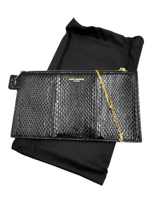 Saint Laurent Black Leather Lizard Gold Chain Wallet on a Chain Clutch Wallets Black