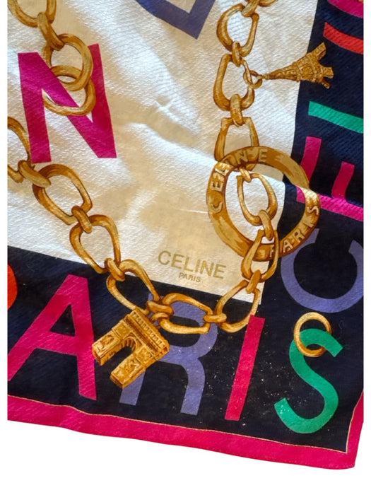 Celine Cream, Red, Navy Cotton Blend Logo Chain Print Vintage scarf Cream, Red, Navy / XS